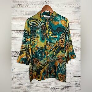 Drapers & Damons Womens Sheer Button-Up Blouse Multicolored Sz L